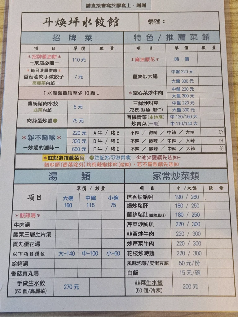 斗煥坪水餃館菜單涵蓋水餃、湯品、家常炒菜與小菜，雜不囉嗦炒滷味提供A至F套餐，價格約220-650元不等。