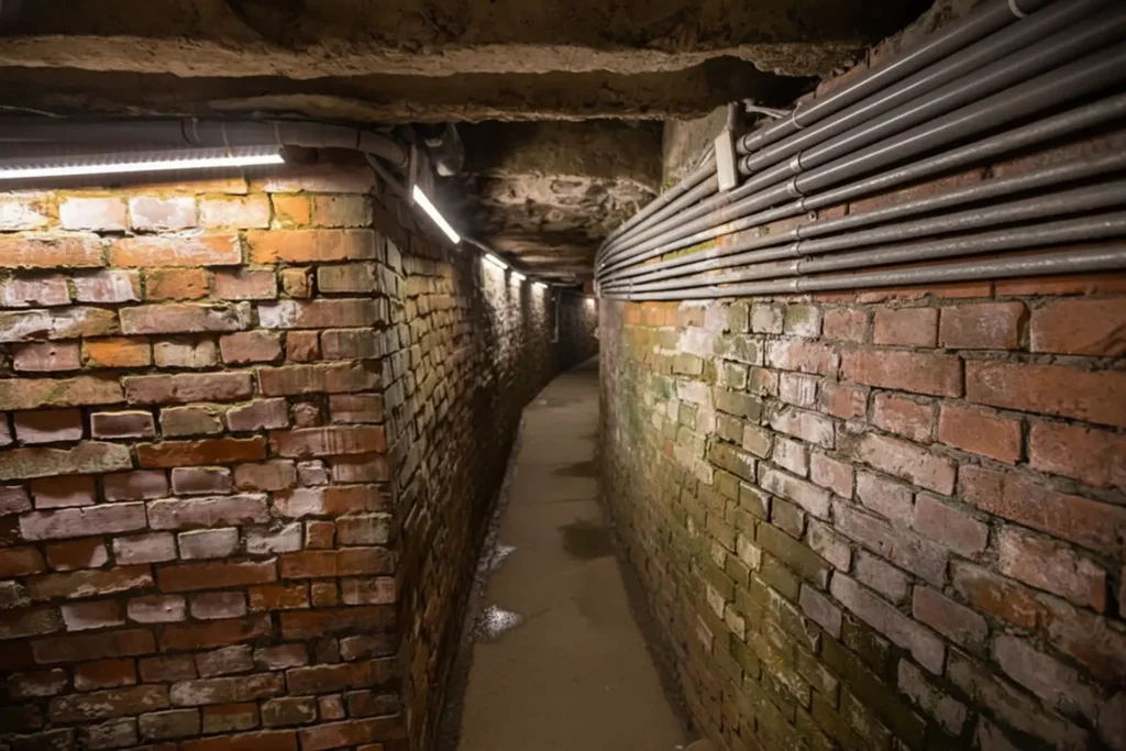 空軍三重一村地下甬道意境，狹窄的水泥階梯向下延伸，兩側閃爍微弱紅光，呈現神祕的軍事防空洞氛圍。