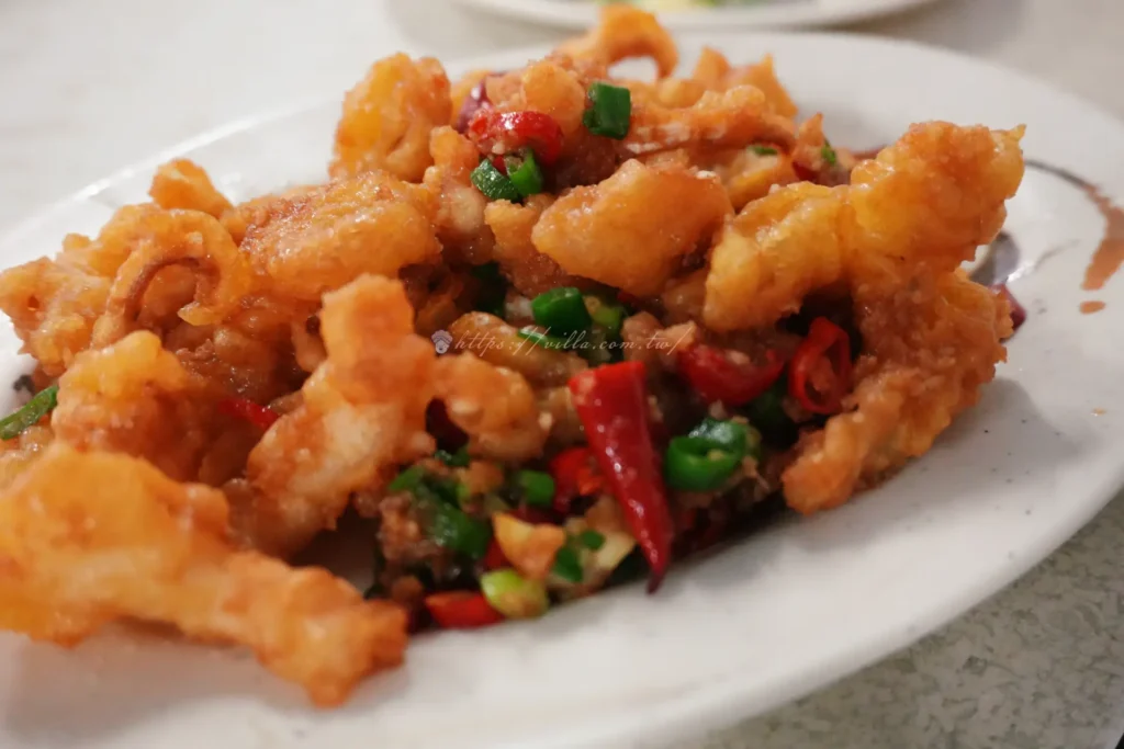長興釣蝦場蒜泥中卷,酥炸中卷拌蒜末辣椒
