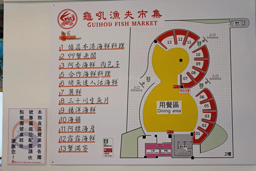 龜吼漁夫市集二樓攤位平面配置圖與用餐區位置指引