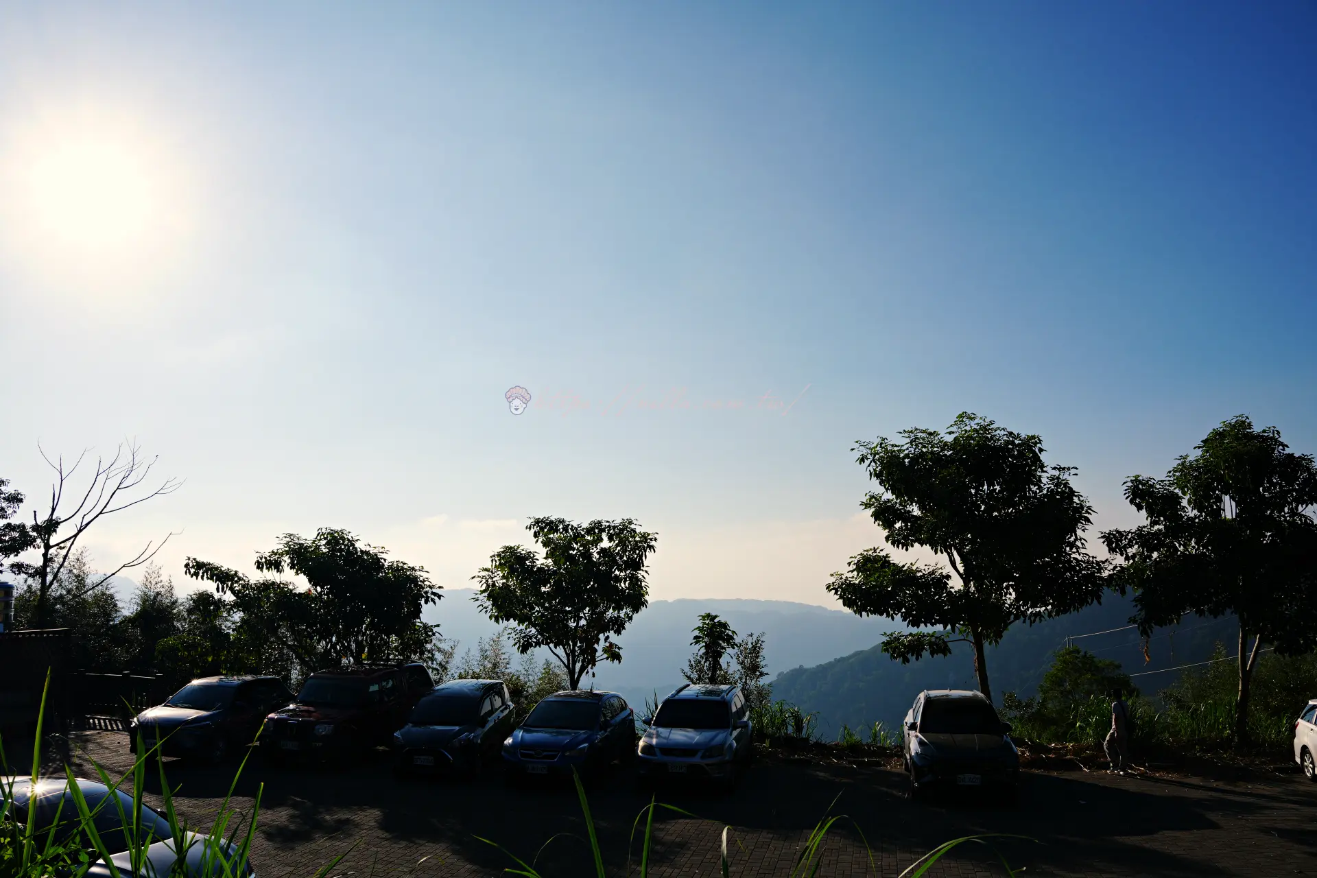 停車處望出去的泰安遠山,藍天下樹影與停放的車輛